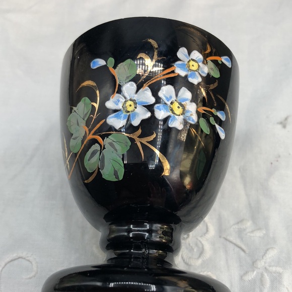 Vintage Black Art Glass Hand Painted Enamel Decoration Large Egg Cup/ Small Vase - Picture 5 of 5